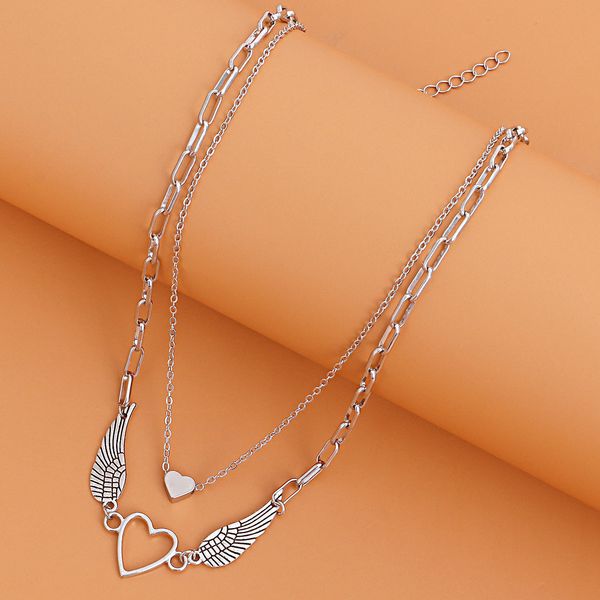 

angel of love feather cool wind punk double bamboo chain hollow love angel wing pendant necklace woman trendy designer jewelry for her 01, Silver