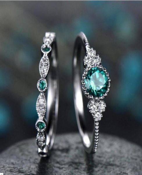 

size 510 vintage fashion jewelry 925 sterling silver round cut greenblue cubic zirconia couple rings women bridal ring set band2371348