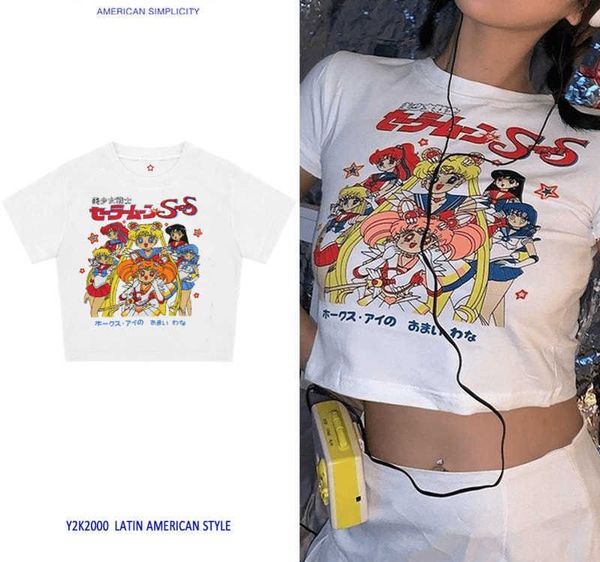

subculture cute millennial cartoon open navel short sleeve t-shirt american retro hip-hop jazz, White