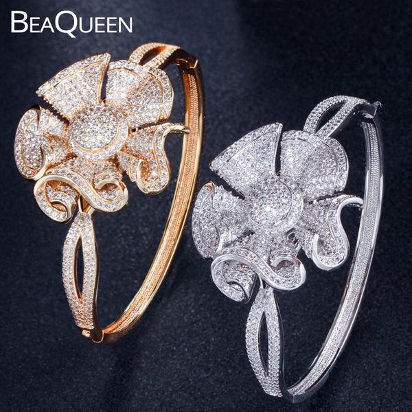 

bangle beaqueen big geometric flower micro pave cubic zirconia stones open bangles yellow gold and silver color wedding jewelry b153, Black