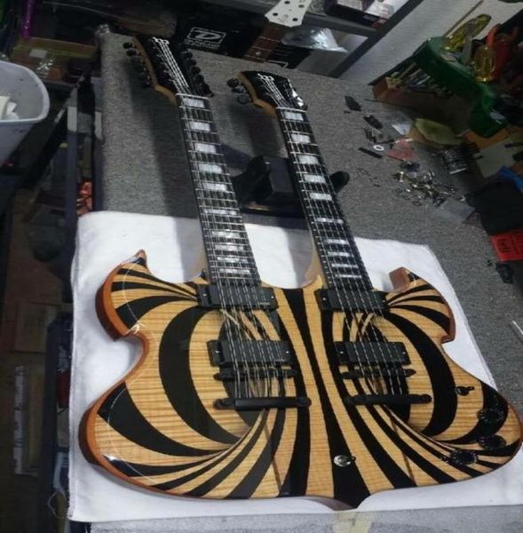 

new wylde audio barbarian double neck electric guitar 12 6 strings gloss yellow black behemoth sg black hardware9667281