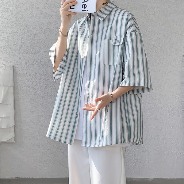 

retro striped short - sleeved youth casual five-point sleeve coat with a fashion cardigan top, Black;brown