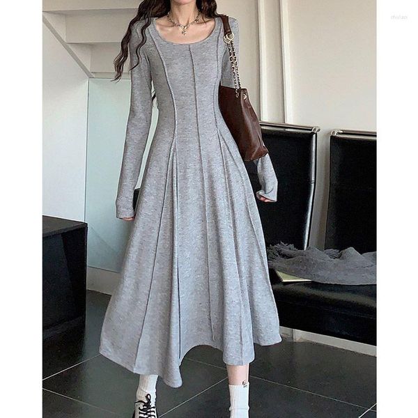 

casual dresses elegant one piece dress korean fashion spring autumn basic long sleeve midi pure color even party female chic, Black;gray