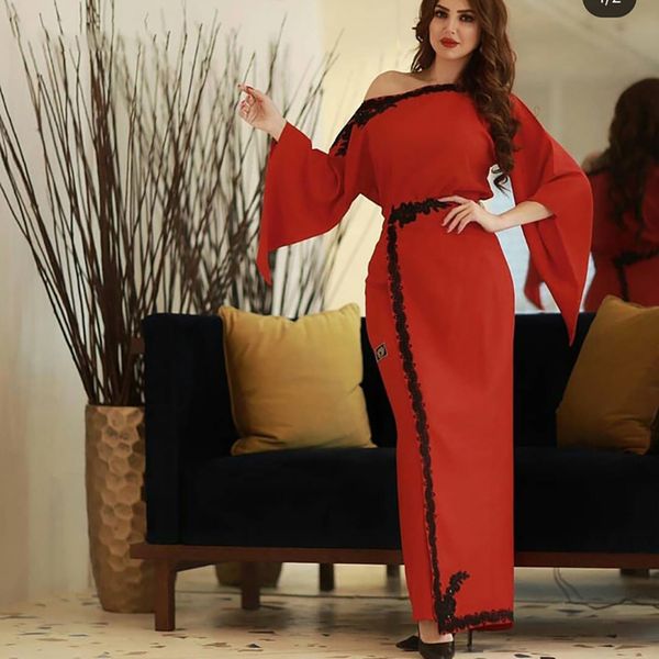 

new arrival spandex red long sleeve evening dresses women party night black edge robe soiree dubai muslim evening dress, Black;red