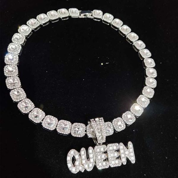 

men women hip hop king queen pendant necklace with 13mm square chain hiphop iced out bling necklace fashion charm jewelry, Silver