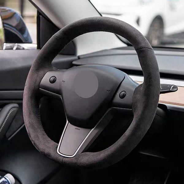 

steering wheel covers non-slip black genuine leather sued diy hand-stitched car steering wheel cover for tesla model 3 2017-2021 g230524 g23