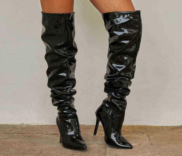 

women boots elastic over knee fall new pointed patent leather high barrel black zipper thin heel heeled women039s 070910112592608