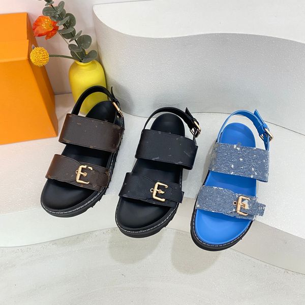 

2023 designer sandals 2 strap buckle slippers denim leather jacquard monograms slides women flat mule platform slingbacks waterfront brown l, Black