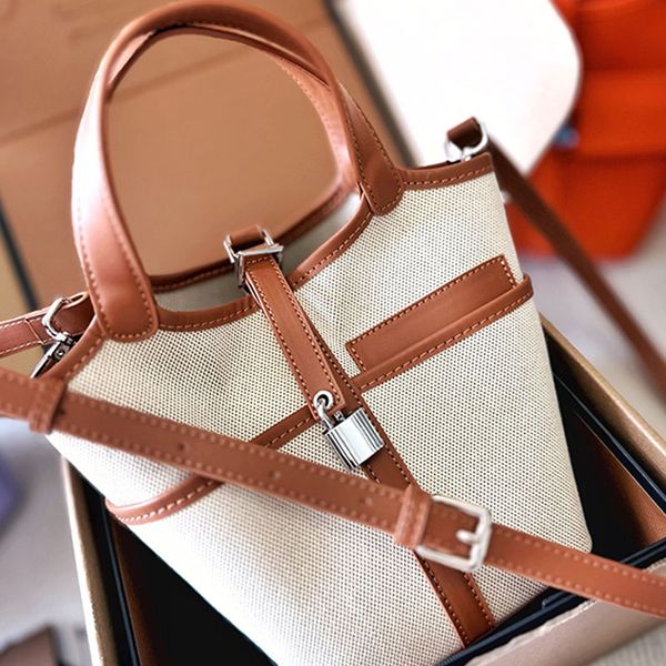 

canvas bucket shopping bag women handbags purse vegetable basket leather strap handle key lock bottom nail classic tote bags shoulder cross