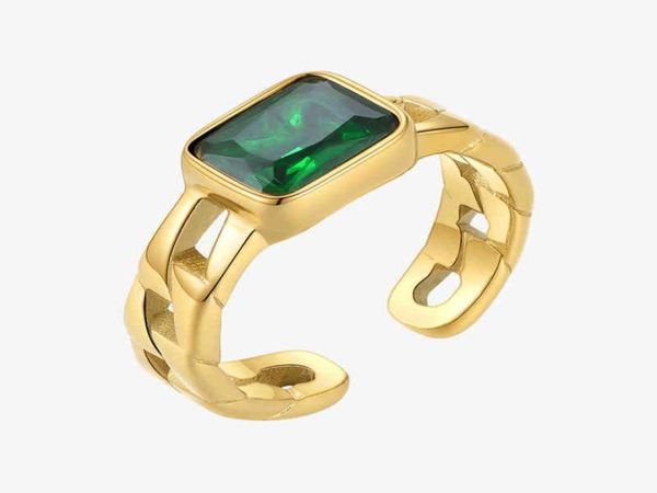 

couple rings enfashion royal green stone wedding ring for women gold color hollow stainless steel anillos jewelry party r4098 22038236973, Silver