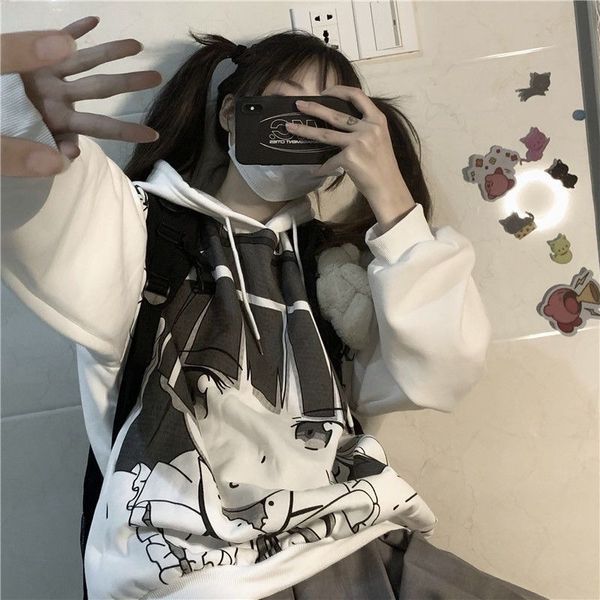 

23-plush for women's autumn and winter new cartoon beauty print loose fitting sweater jacket men and women plush and loose fitting, Black