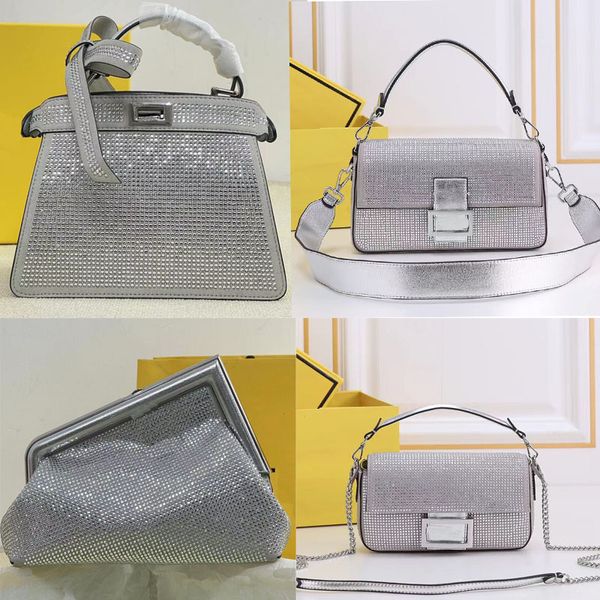 

diamond handbag crystal baguette shoulder bags bling evening clutch bag fashion letter silver hardware hand totes crossbody purse gemstone h