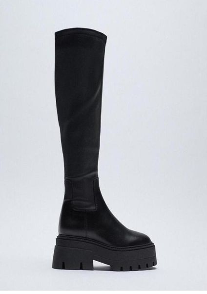 

boots women039s long black pu leather grooving sole kneehigh fashion round toe slipon elastic stocking2764933