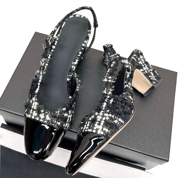 

womens slingbacks dress shoes designer tweed chunky heels 6.5cm sandals pointed toes glittered tulle slip on wedding shoe ladies casual shoe, Black