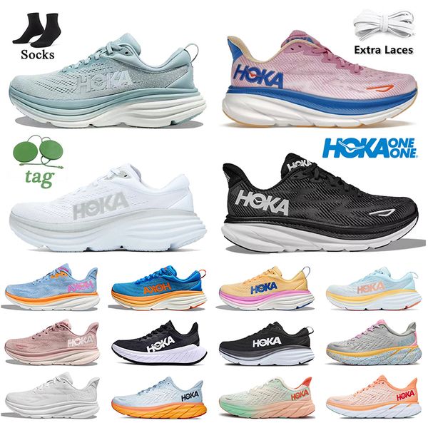 

women mens hoka one bondi 8 running shoes hokas clifton 8 9 mist blue cyclamen sweet lilac triple white black carbon x 2 on cloud mesh runne