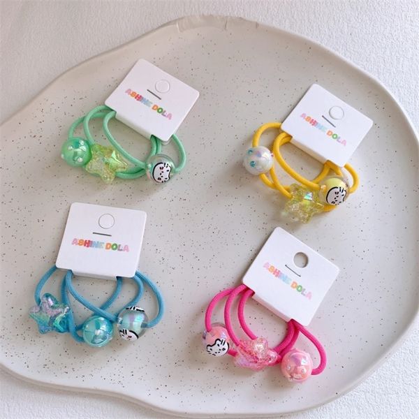

3 pcs summer new fashion children's cute cartoon beads rubber band sweet girl transparent pentagram hair rope hair accessories, Slivery;white