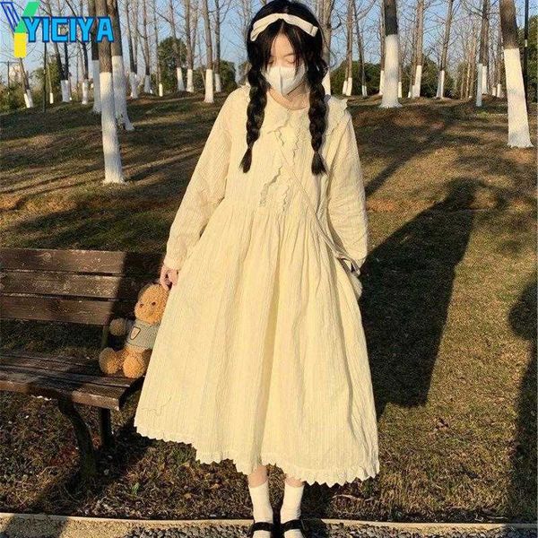 

yiciya casual dresses japanese sweet lace doll neckline a-line dress for women loose solid long sleeve college age reducing versatile female, Black;gray