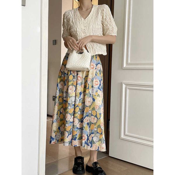 

li zhiqi's artistic oil painting half skirt for summer new loose and slim fragmented flower pleated a-line skirt for women, Black