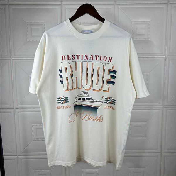 

designer fashion clothing tees tshirt rhude niche american summer vacation style yacht letter print short sleeved mens hiphop loose tshirt, White;black