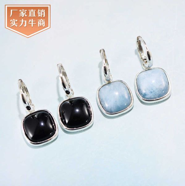 

small black silver silver japanese korean simple square earrings women's sea blue earrings black agate earrings, Golden