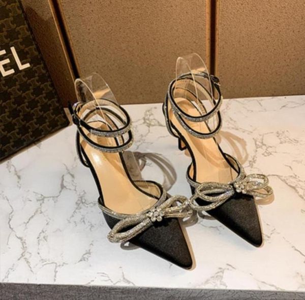 

sandals white pointed rhinestone stiletto high heels 2021 spring banquet dress large size small bow female wedding shoes1875950, Black