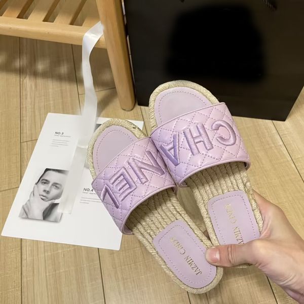 

designer slides sandals braid straw sole beach slippers women classic flats thick bottom heel summer lazy flip flops quilted leather lady sh, Black