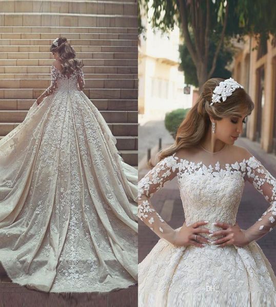 

2018 new gorgeous sheer neck lace wedding dresses long train long sleeves crystals ruffles appliques tulle wedding dresses5371851, White