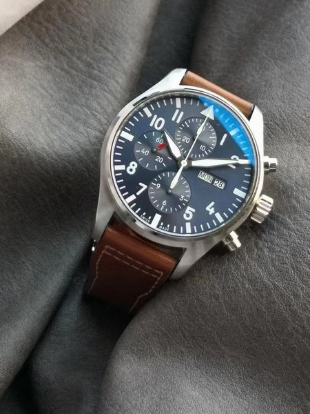 

men's watch classic pilot wristwatches fully automatic movement dual calendar display fashion precision steel calfskin 42mm designer wa, Slivery;brown