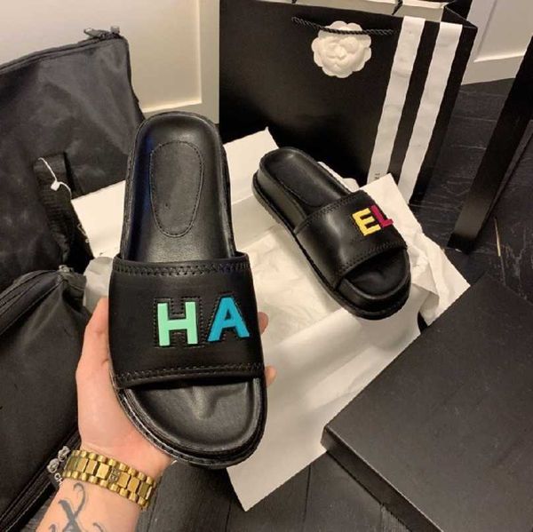 

multicolor chanl letters ivory slides slippers slip on thick bottom flat mule platform sandal women logo summer shoes leather beach pool fli, Black
