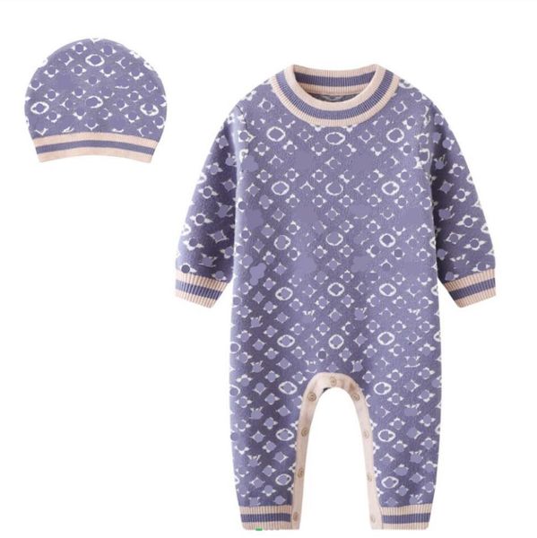 

Knitted Baby Brand Rompers Letters Printed Newborn Long Sleeve Jumpsuits with Hats Autumn Winter Toddler Onesies Infant One-piece Kids Clothes, As picture