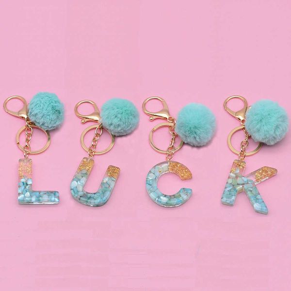 

key rings 26 initials letter keychains with plush ball women handbag car key pendants ornament glitter resin bet keyrings accessories aa2305, Slivery;golden