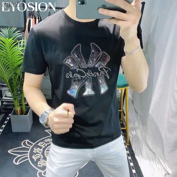 

men's t-shirts men t-shirt summer fashion korean clothes tshirt shiny letter diamonds drills cotton short sleeve tees 2022 new s-5xl, White;black