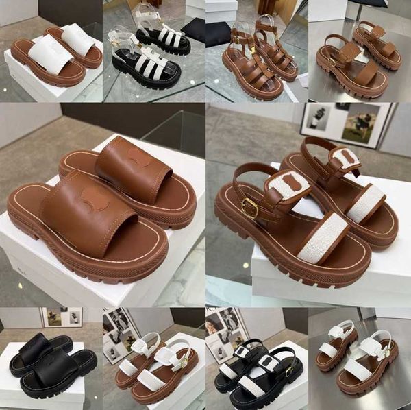 

clea triomphe stamped sandals tan black white canvas leather logo sandal chunky thick soles buckle ankle-strap slides platform mule flats sl