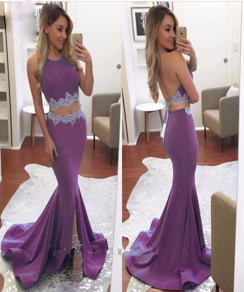 

halter two piece prom dresses long 2020 high slit purple blue stain applique backless mermaid prom dress robe de bal longue7890514, Black