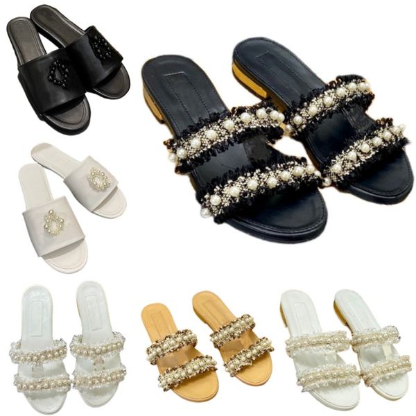 

spring summer slippers luxury women's beach shoes fashion pearls sandals leather designer shoes letter brand outdoor shoes flat heel op, Black