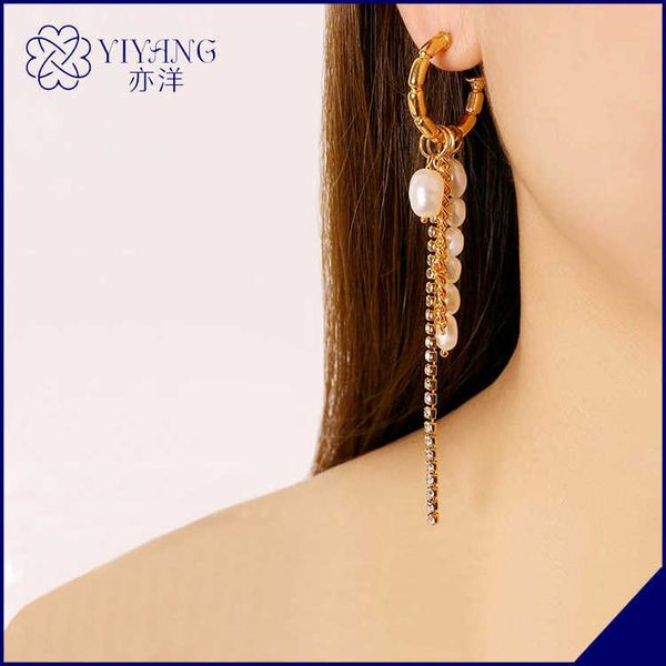 

yiyang jewelry spring new hip hop korean style fashion shaped pearl zircon chain tassel earrings earring, Golden