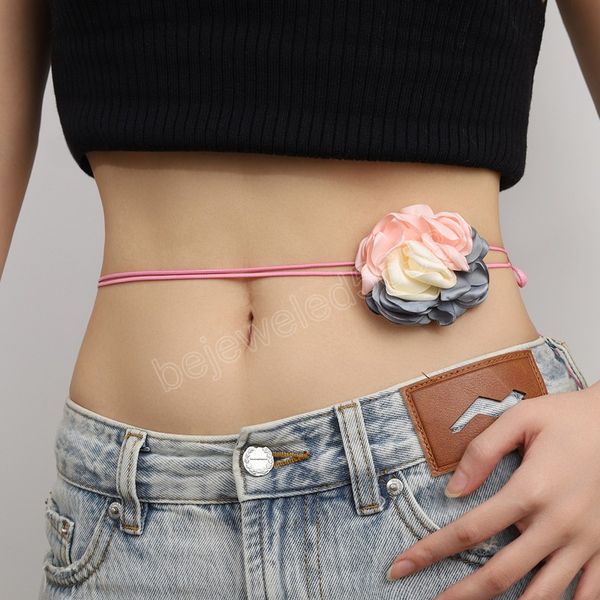 

pink/yellow/grey flower waist chain for women trendy elegant lace up rope chains collar 2023 fashion body jewelry gifts, Silver