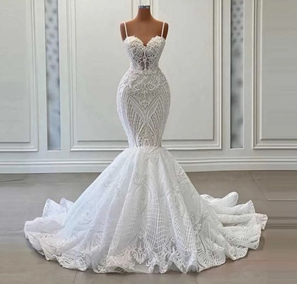 

luxury mermaid wedding dress 2023 beading pearls spaghetti strap appliques lace bridal formal gowns vestidos de noiva, White