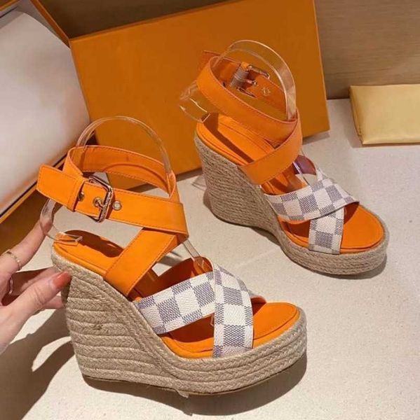

vintage monograms wedge sandals heeled slippers ladies shoes platform high heels cross strap logo sandal denim calfskin espadrille party wed, Black