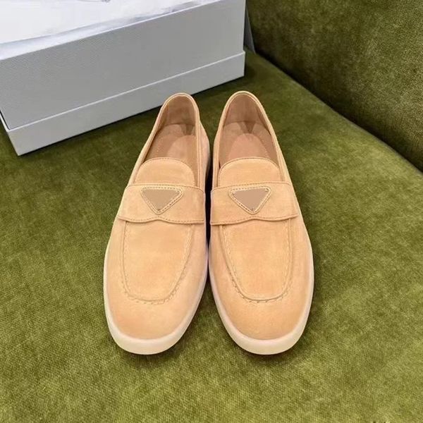 

apricot suede loafers shoes genuine leather women casual slip on flats luxury designers flat dress shoe slip-on triangle logo embellished fl, Black