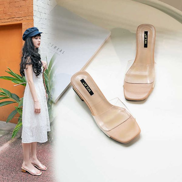 

nxy slippers thick square low heels shoes woman transparent sandals plus size 42/43 ladies flip flops ol nude sandalias mujer clear 230511, Black
