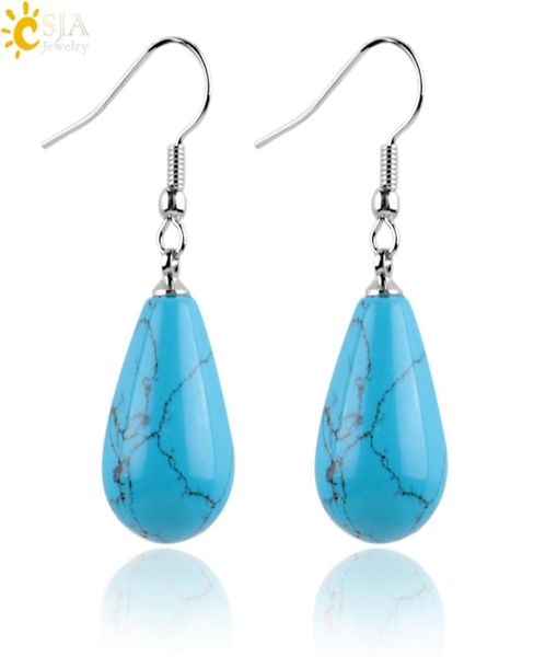 

csja copper vintage pear shape water drop hook dangle earring turquoise malachite stone beads pendant fashion africa jewelry women5515576, Silver