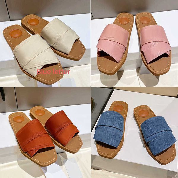 

luxurious woody flat mule in canvas women designer sandal rubber bottom calfskin sandals summer beach slipper flip flops black pink 28 color