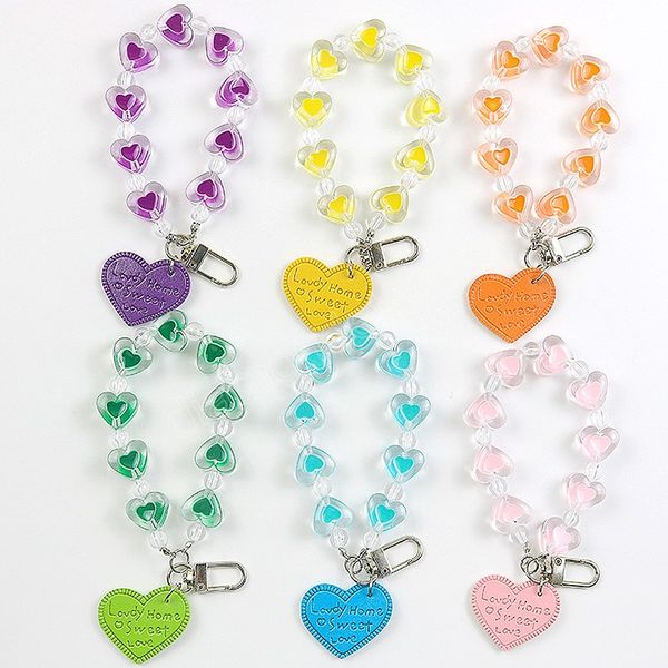 

cute love heart keychain pearl beaded hanging ring resin heart-shape pendant for phone lanyard strap chain anti-lost bracelet, Silver