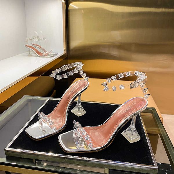 

fairy must enter crystal sandals 2023 early spring new transparent rivet high heels slim heel strap 230526, Black