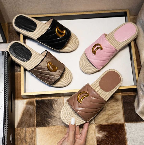 

2023 bronze gold double g buckle sandal women slippers slip espadrilles quilted stripes flats fashion non-slip jacquard canvas summer slides, Black