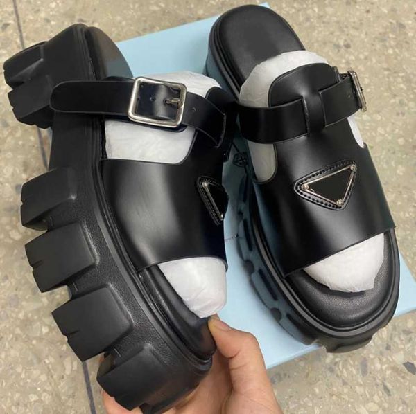 

designer slippers luxury sandal women shoes lady slides platform wedge brands dearfoam rubber inverted triangle flip flops wedges buckle sli, Black
