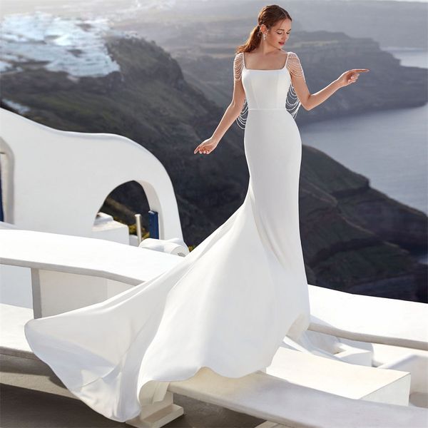 

pearls spaghetti straps backless mermaid wedding dress for bride square neck satin beach bridal gowns, White