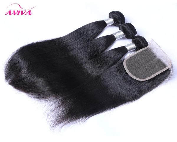 

lace closure with 3 bundles brazilian straight hair 8a peruvian indian malaysian cambodian virgin human hair weaves natural color 6594795, Black