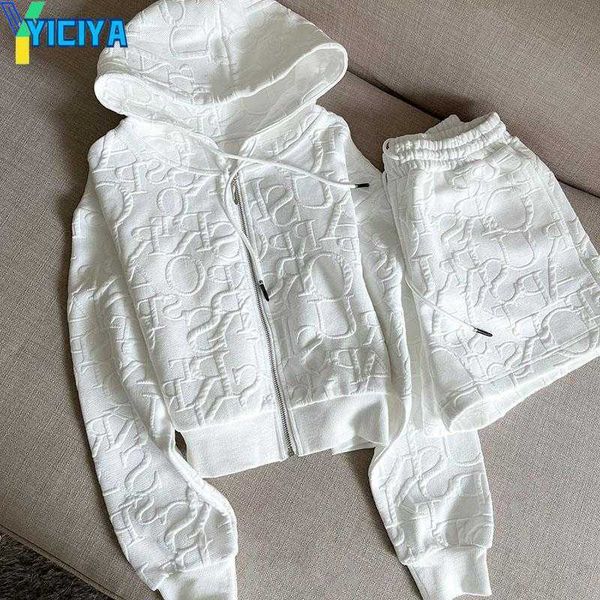 

yiciya 2 piece sets womens outfits spring fashion skinny hooded short jacket and shorts knitted jacquard designer fall women clothing, Gray